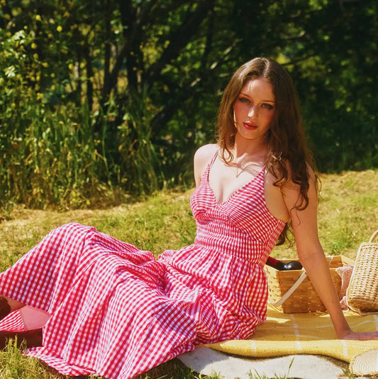 Check Print Smocked Bodice Maxi Dress