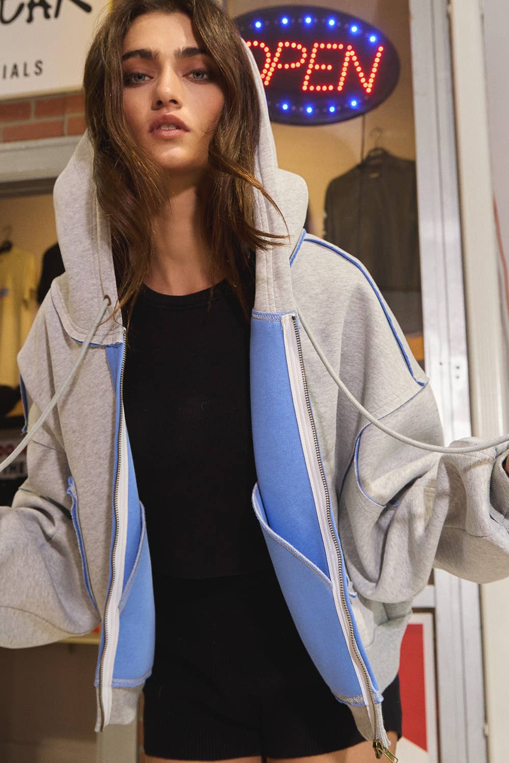 IJ3157 Contrast Seaming Hooded Zip-Up