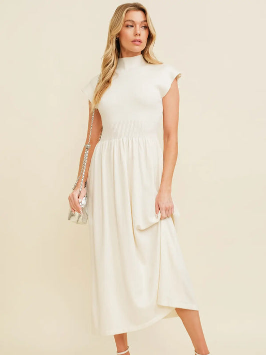Mock Neck Stretch Waistband Maxi Dress