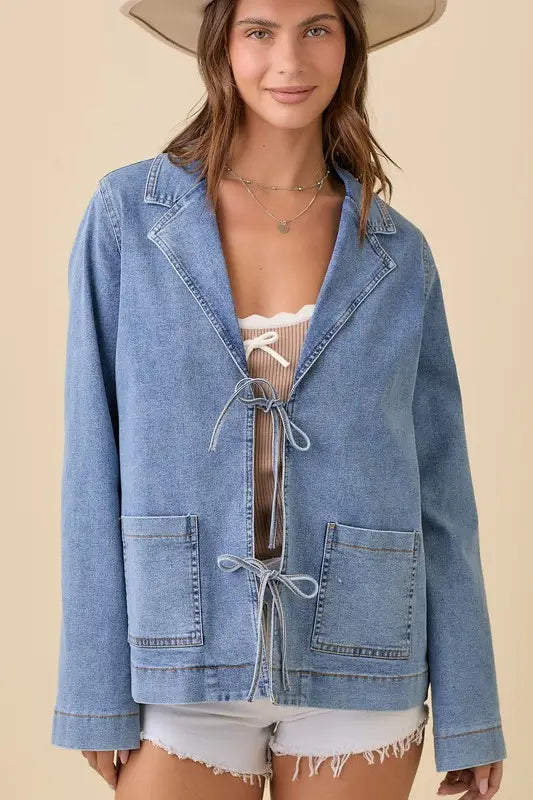 Lapel Collar Denim Jacket With Front Tie Detail