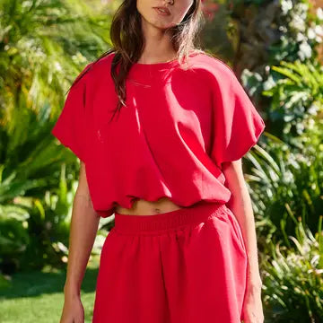 Scuba Bubble Hem & Sleeve Solid Crop Top