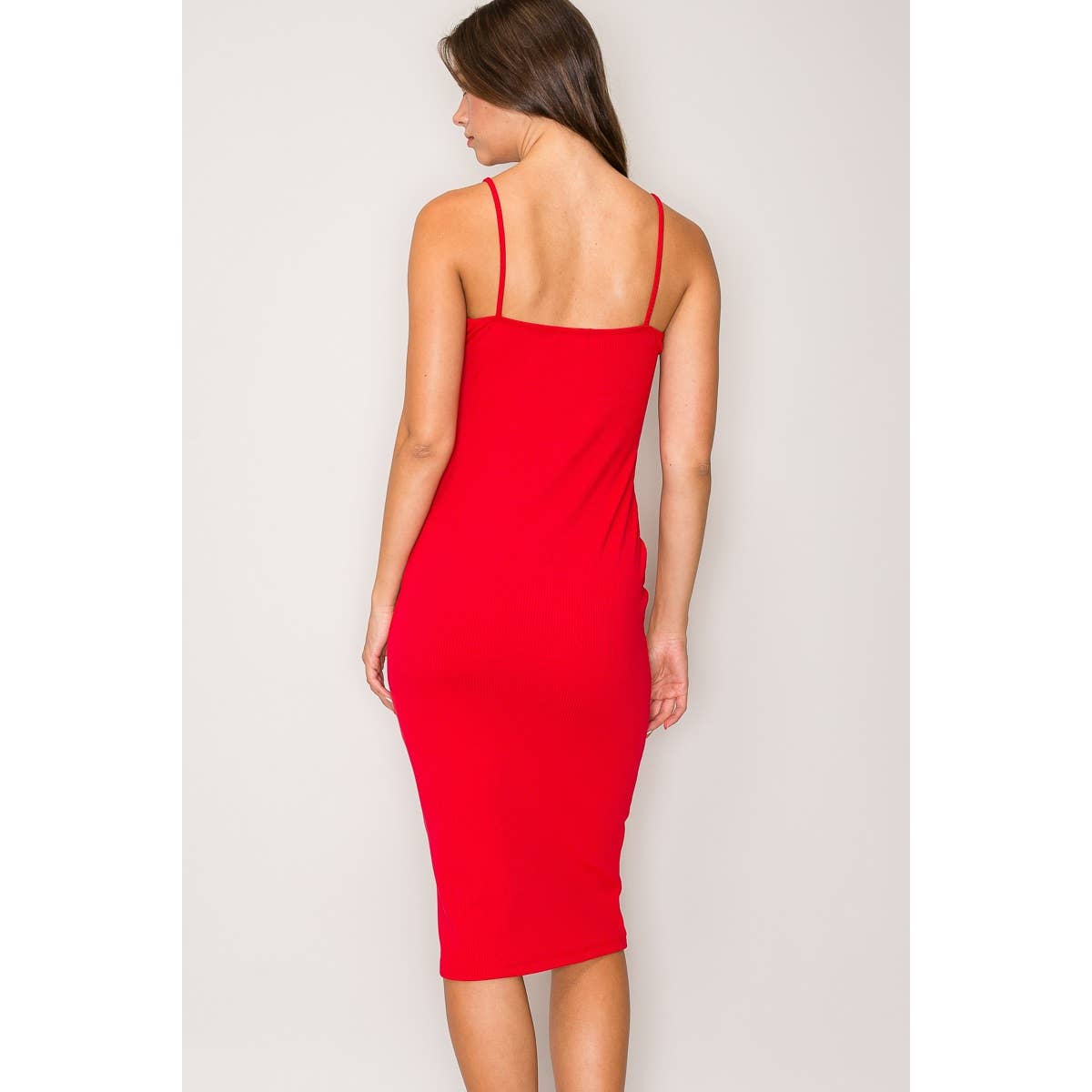 Buttoned Spaghetti Strap Ribbed Bodycon Midi Dress
