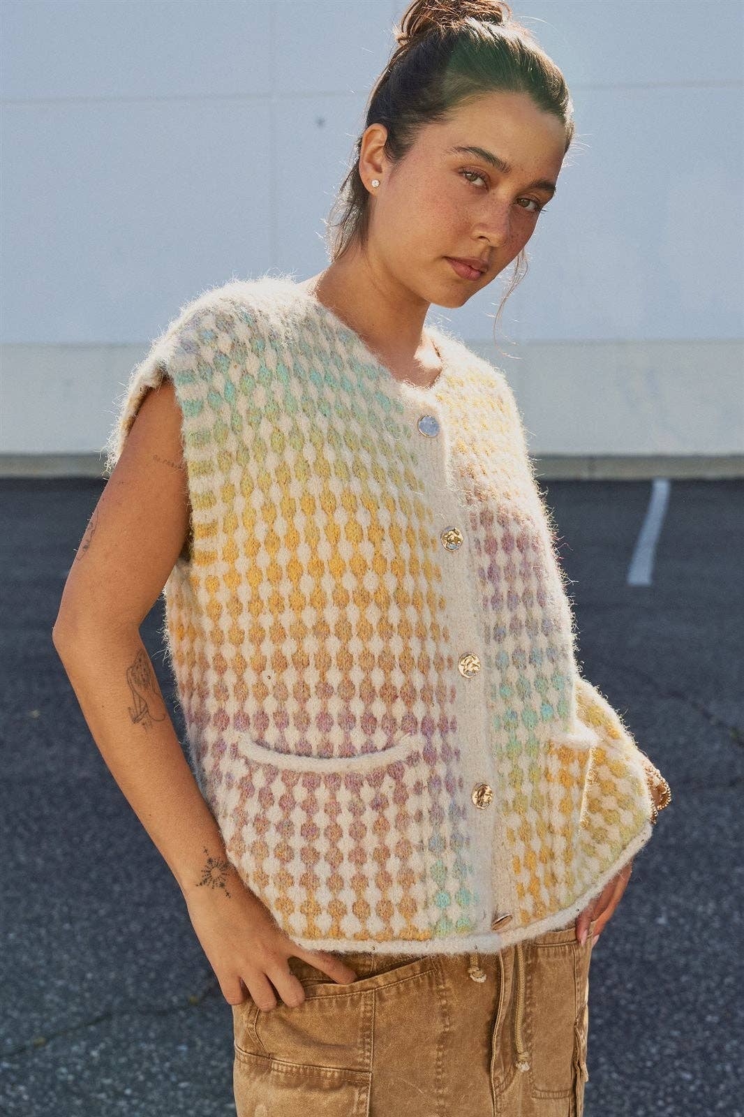 Popcorn Knit Button Front Sweater Vest