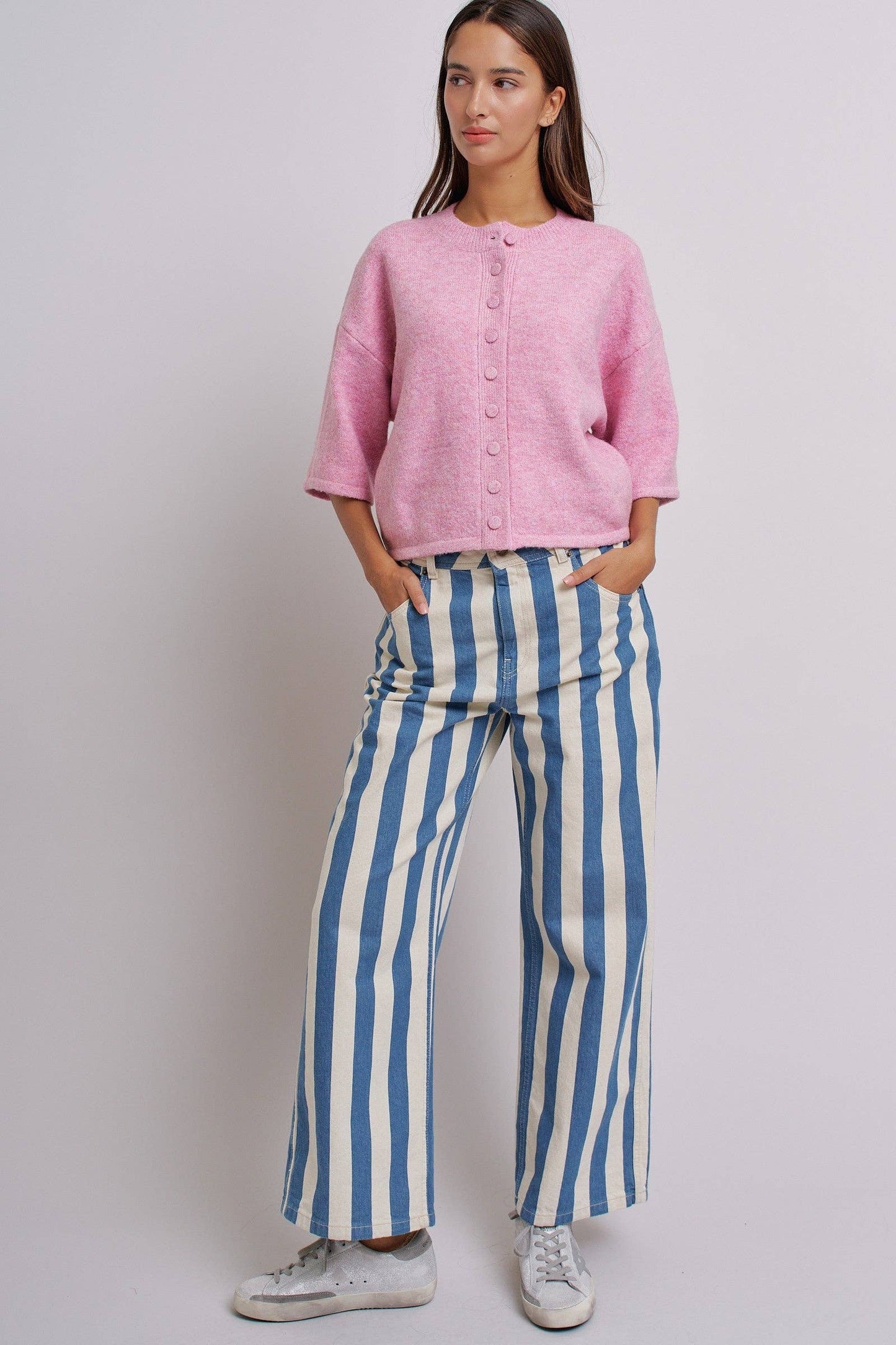 Cropped Knit Button-Front Cardigan Dropped Shoulder