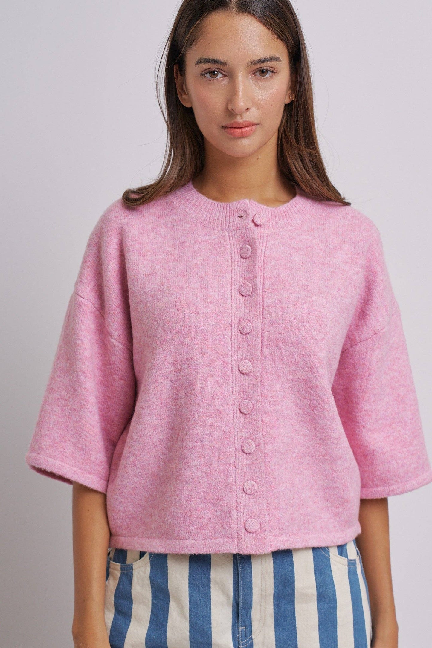 Cropped Knit Button-Front Cardigan Dropped Shoulder