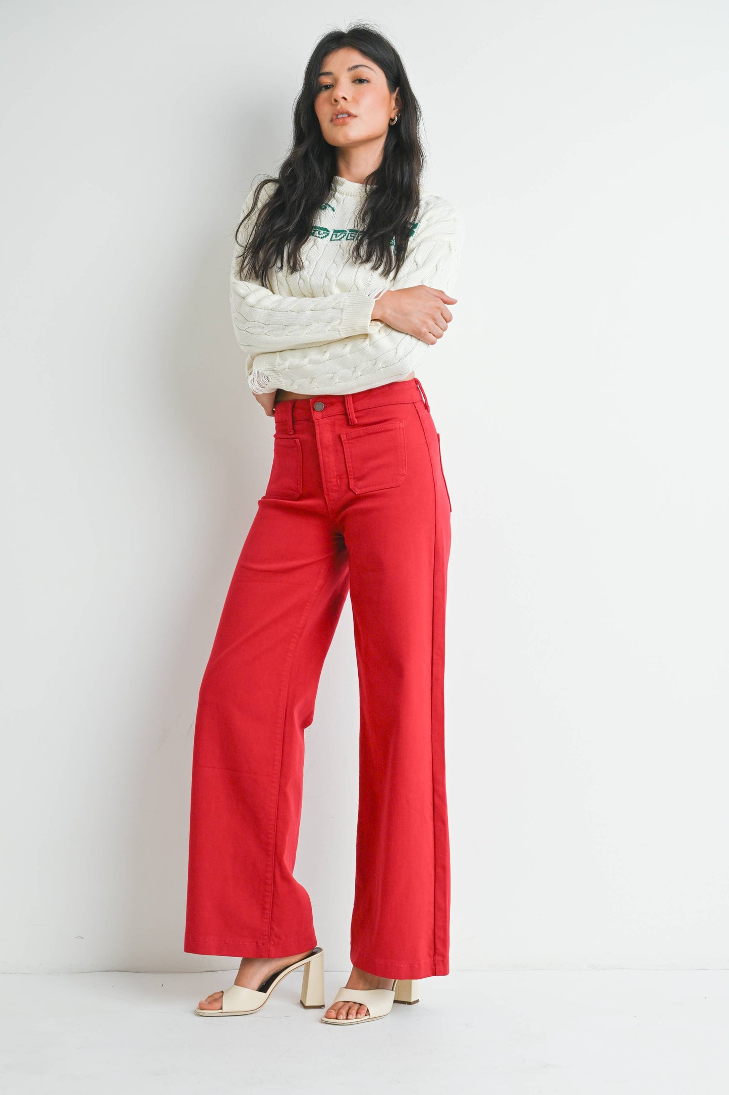 Red Mini Patch Pocket Wide Leg