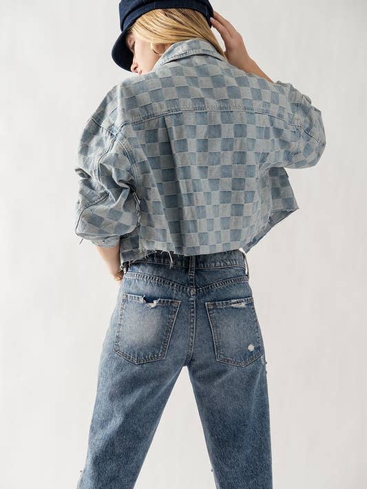 Checkerboard Cropped Denim Jacket